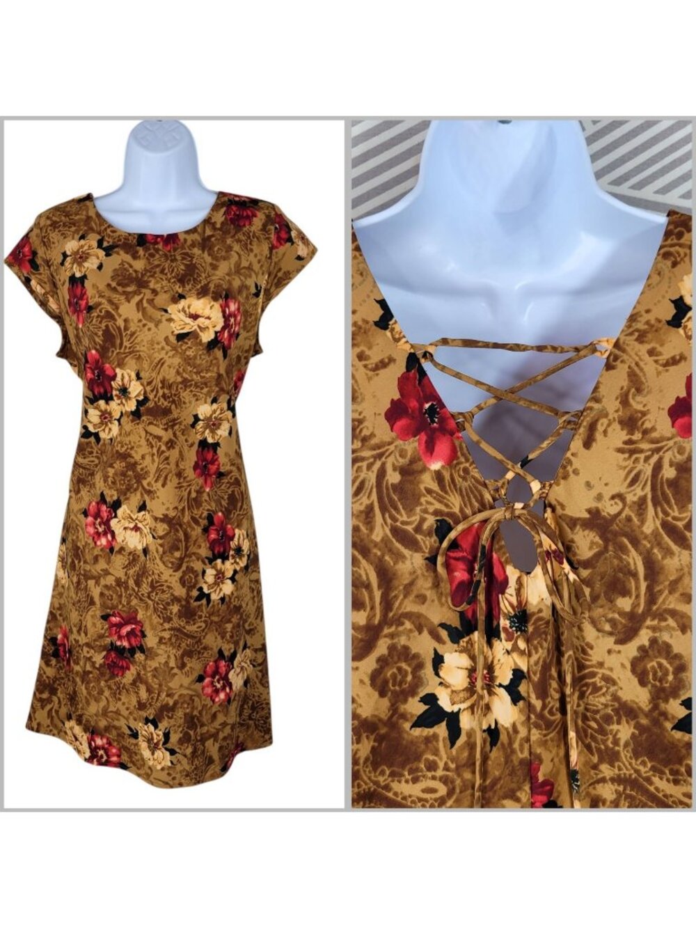 Floral Alt Dress Size 12-14 Rose Sheath Lace Up Back Vintage 90s Y2K brown